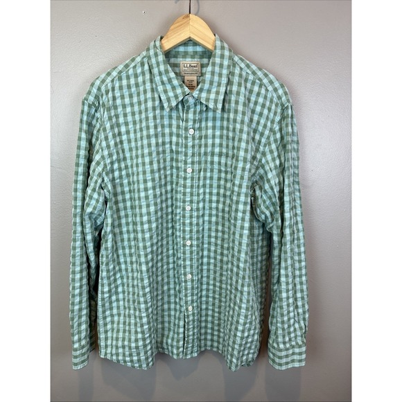 L.L.Bean Other - LL Bean Gingham Seersucker Button Down Camp Shirt Mens Size M-Reg Organic Green